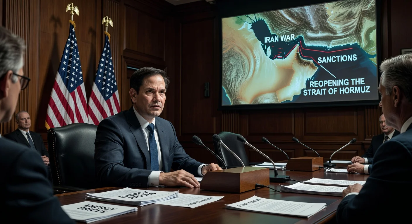Secretary of State Marco Rubio testifying in a Senate hearing room about Iran and the Strait of Hormuz.
