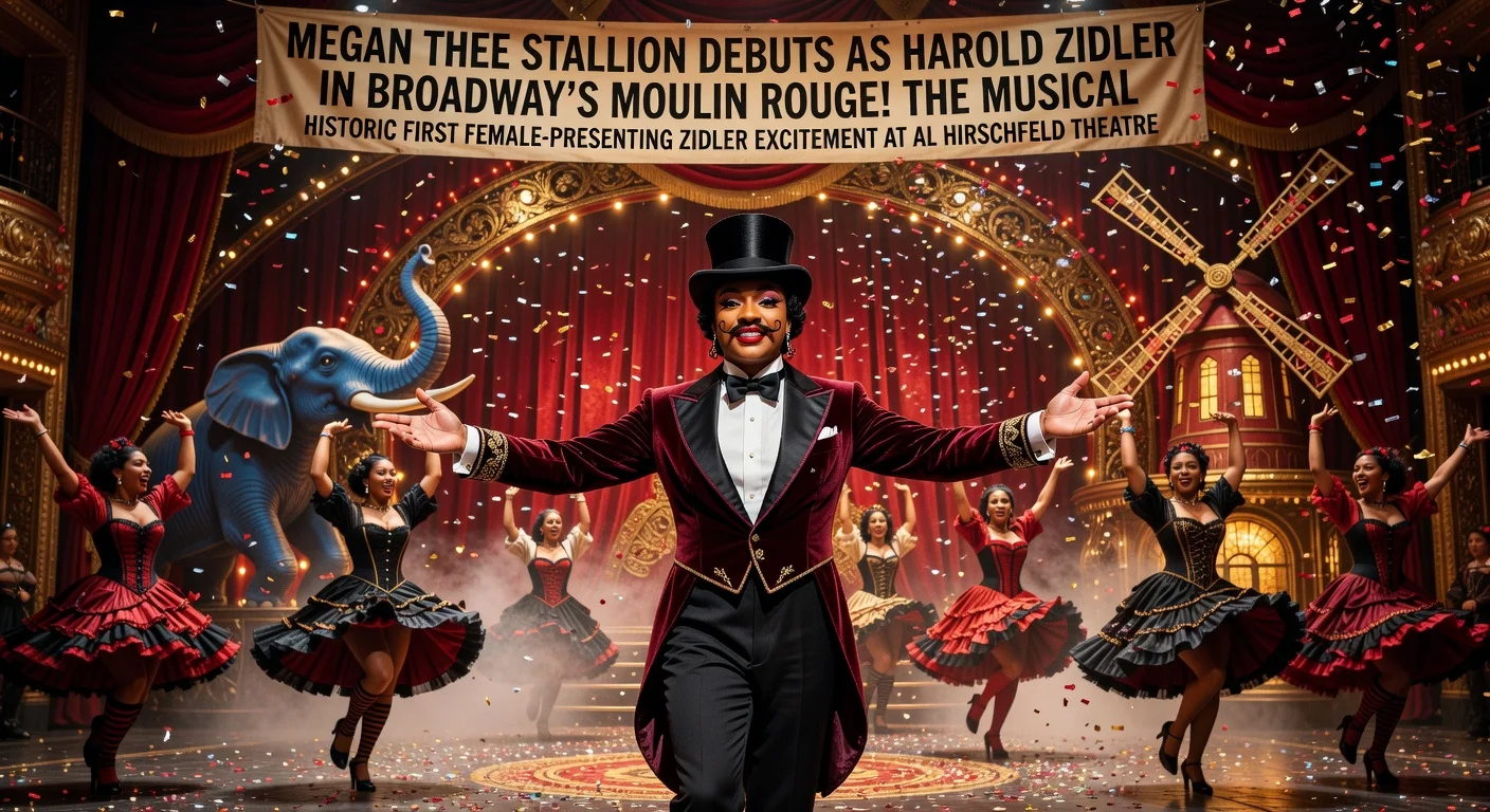 Megan Thee Stallion as Zidler on the Moulin Rouge! Broadway stage, illustrating her debut in the musical.