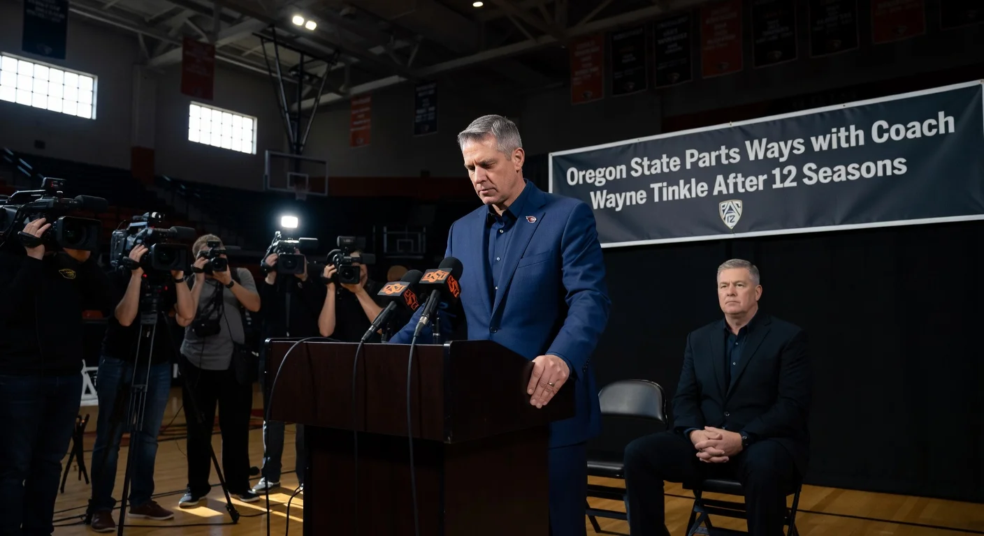 Oregon State basketball coach Wayne Tinkle at press conference announcing his departure after 12 seasons.