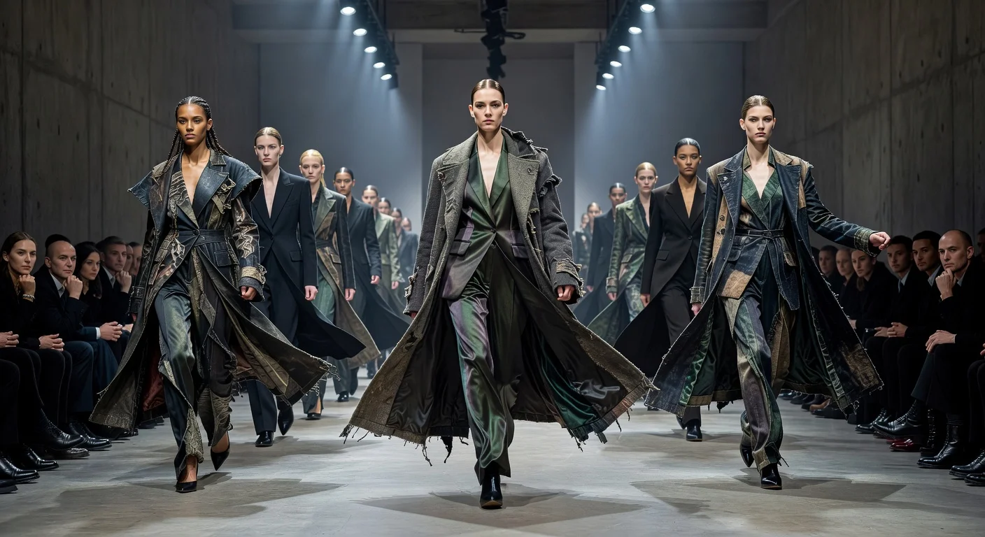 Prada Fall 2026 womenswear runway at Milan Fashion Week: models progressively remove layers, revealing transformative outfits blending distress and luxury.