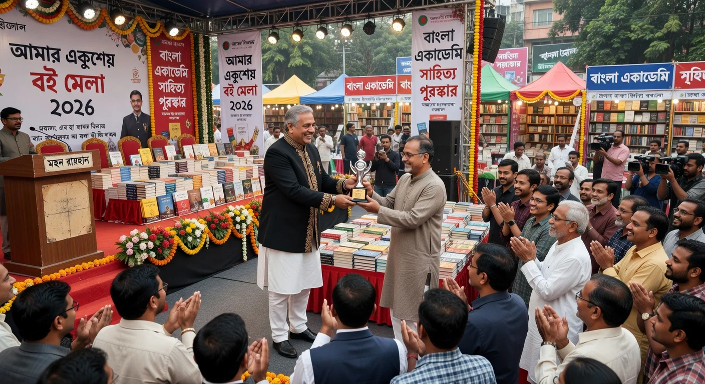 Photorealistic illustration of Bangla Academy award ceremony at Dhaka book fair, with Prime Minister presenting awards but poet Mohon Raihan's spot empty amid controversy.