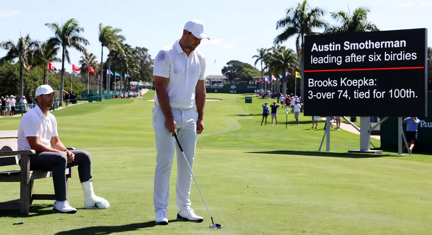 Brooks Koepka frustrated on PGA National fairway amid poor first-round performance at Cognizant Classic, leaderboard and Zalatoris injury inset.