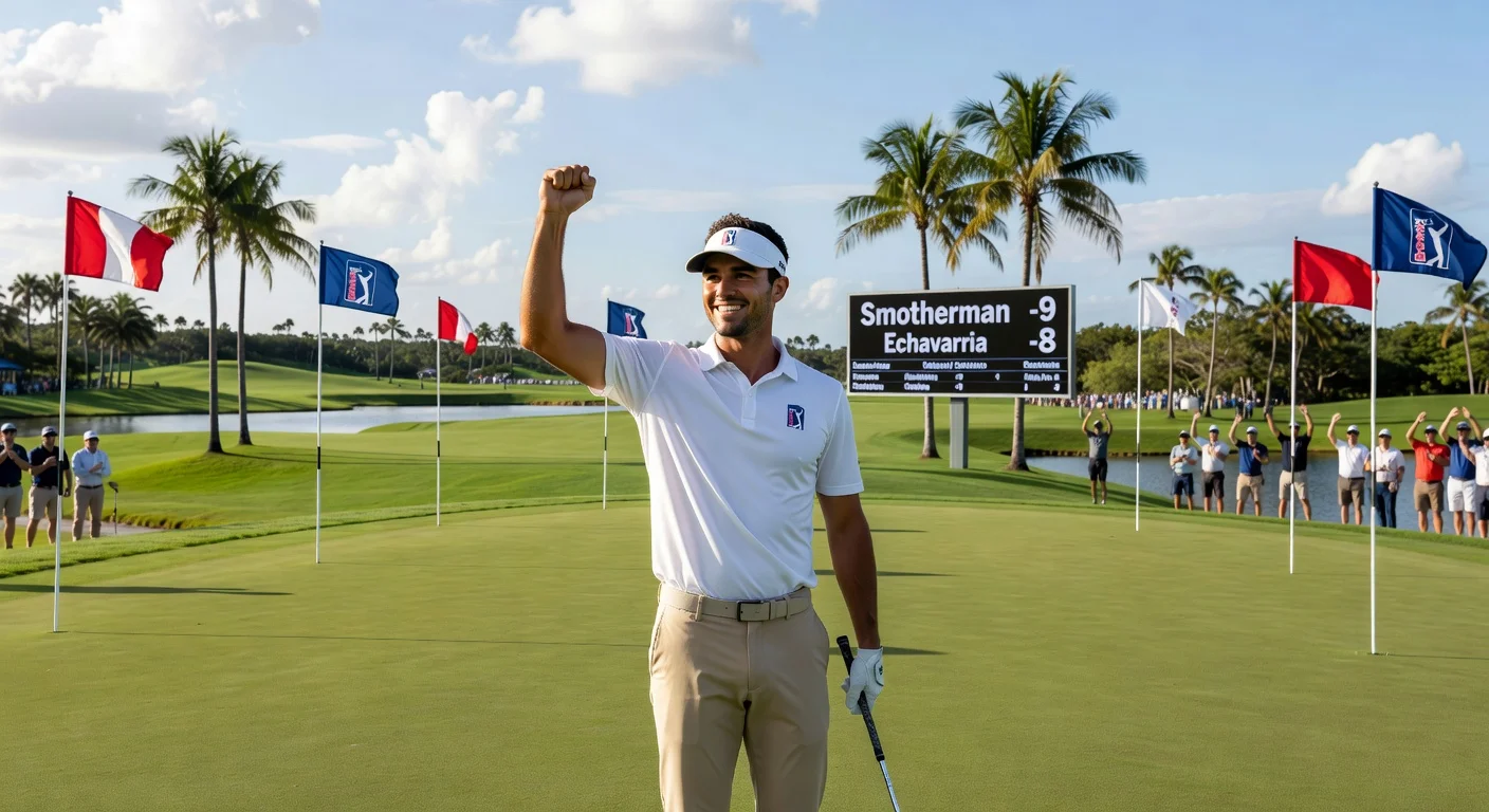 Austin Smotherman celebrates his 9-under 62 to lead the first round of the Cognizant Classic at PGA National.