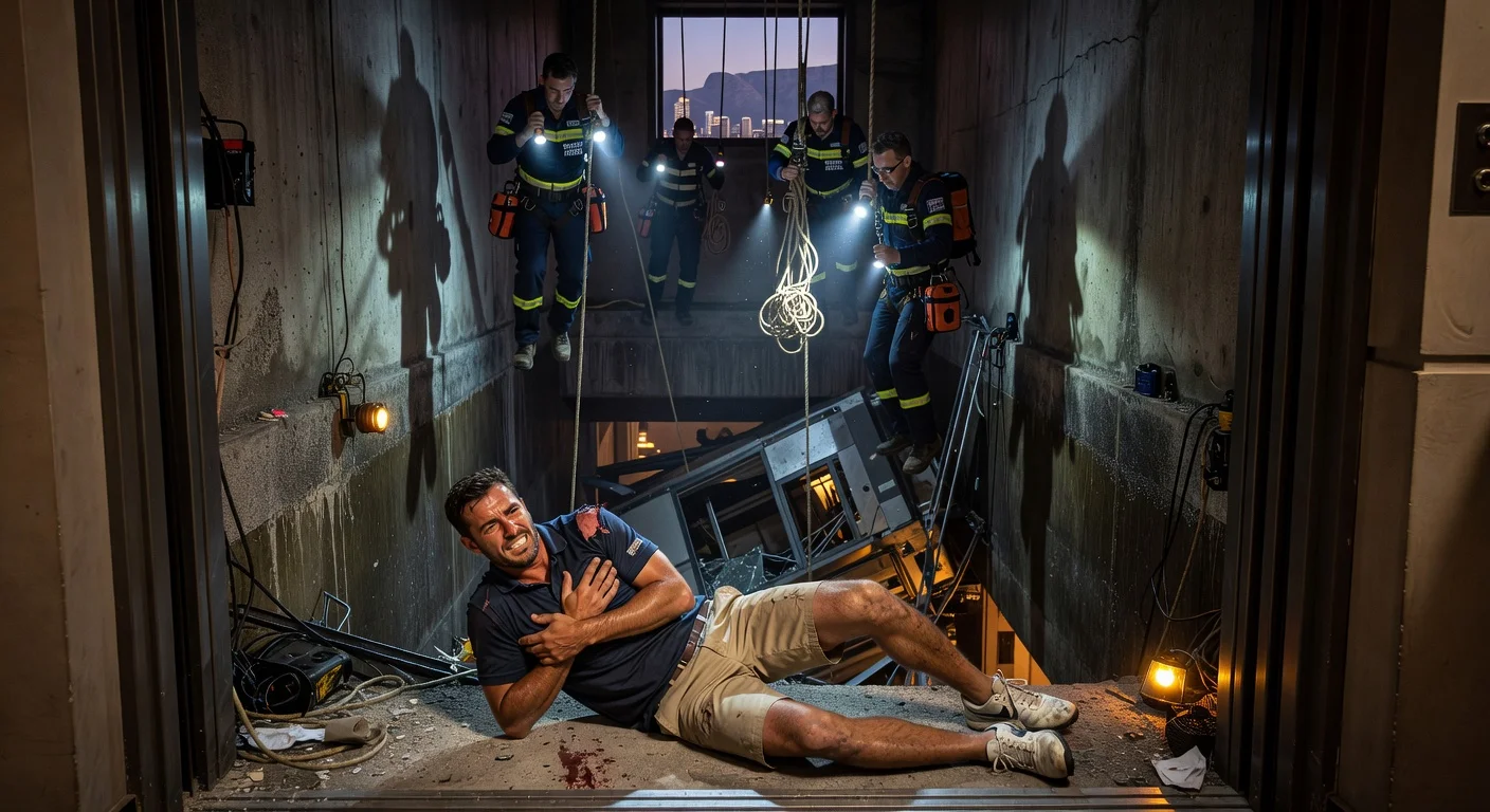 Illustration depicting Italian golfer Andrea Pavan injured after falling down an elevator shaft in South Africa, with rescuers providing aid.