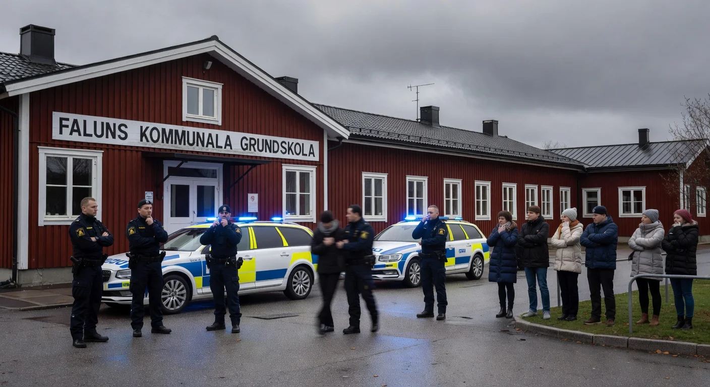 Illustration of a school in Falun with police presence related to the detention of a school employee.