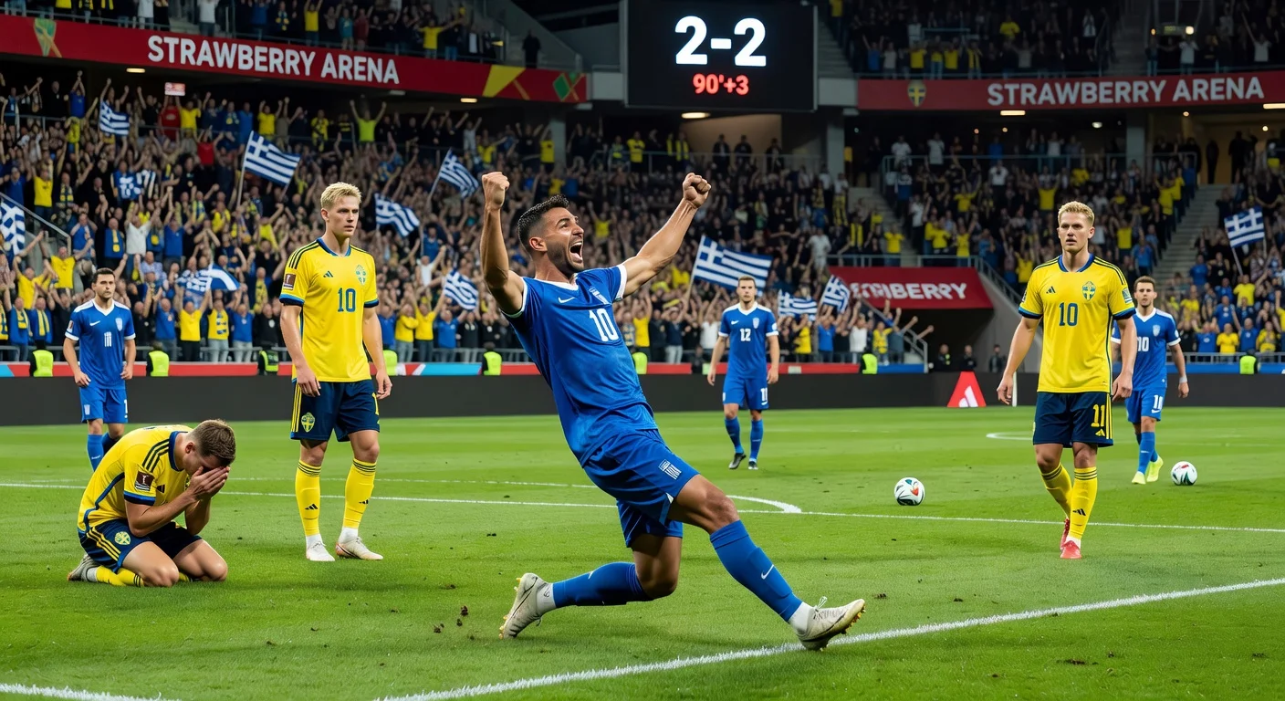 Soccer players from Sweden and Greece in a 2-2 draw match at Strawberry Arena