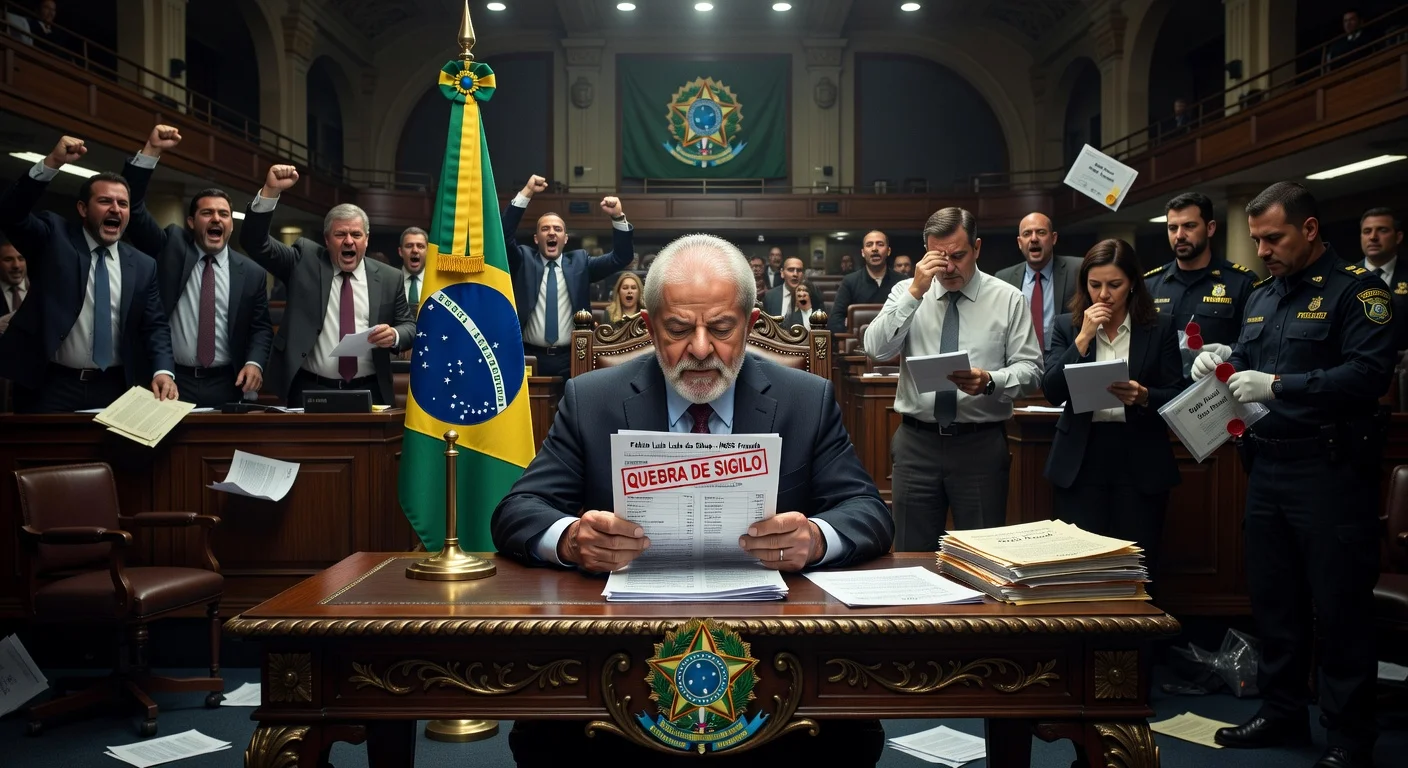 Illustration depicting pressure on Lula's government from Federal Police breaking his son Lulinha's banking secrecy in INSS fraud probe amid chaotic congressional session.