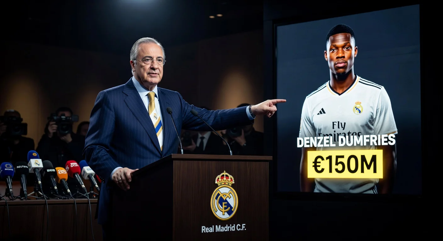 Florentino Pérez announcing Real Madrid's record signing of Denzel Dumfries for 150 million euros at a press conference.