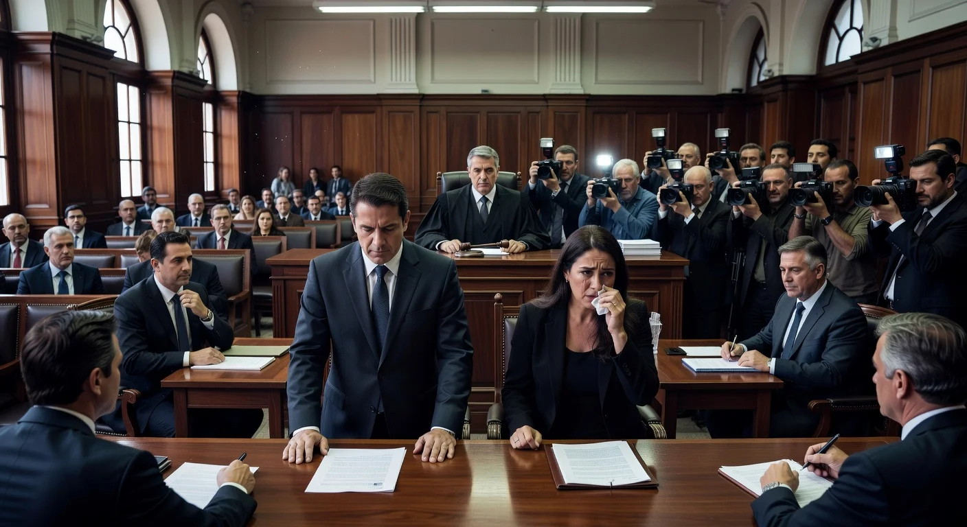 Courtroom illustration of Jairinho's sentencing and Monique Medeiros' pardon in the Henry Borel case