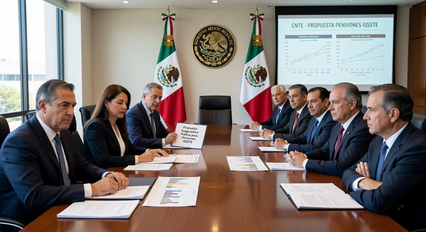 Government officials meeting with CNTE representatives to discuss pension insurer proposal.