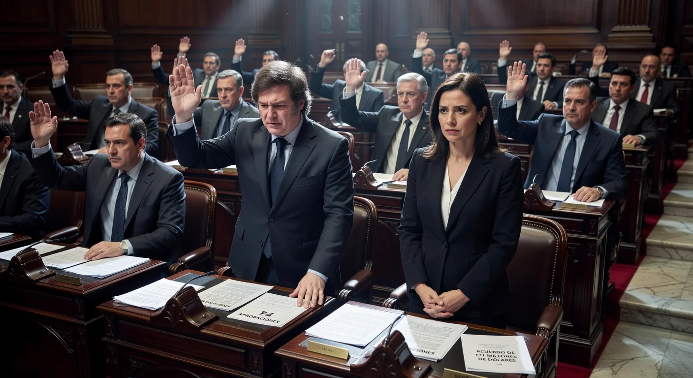 Illustration of Argentine Senate voting on 74 judicial nominations amid tensions involving President Milei.