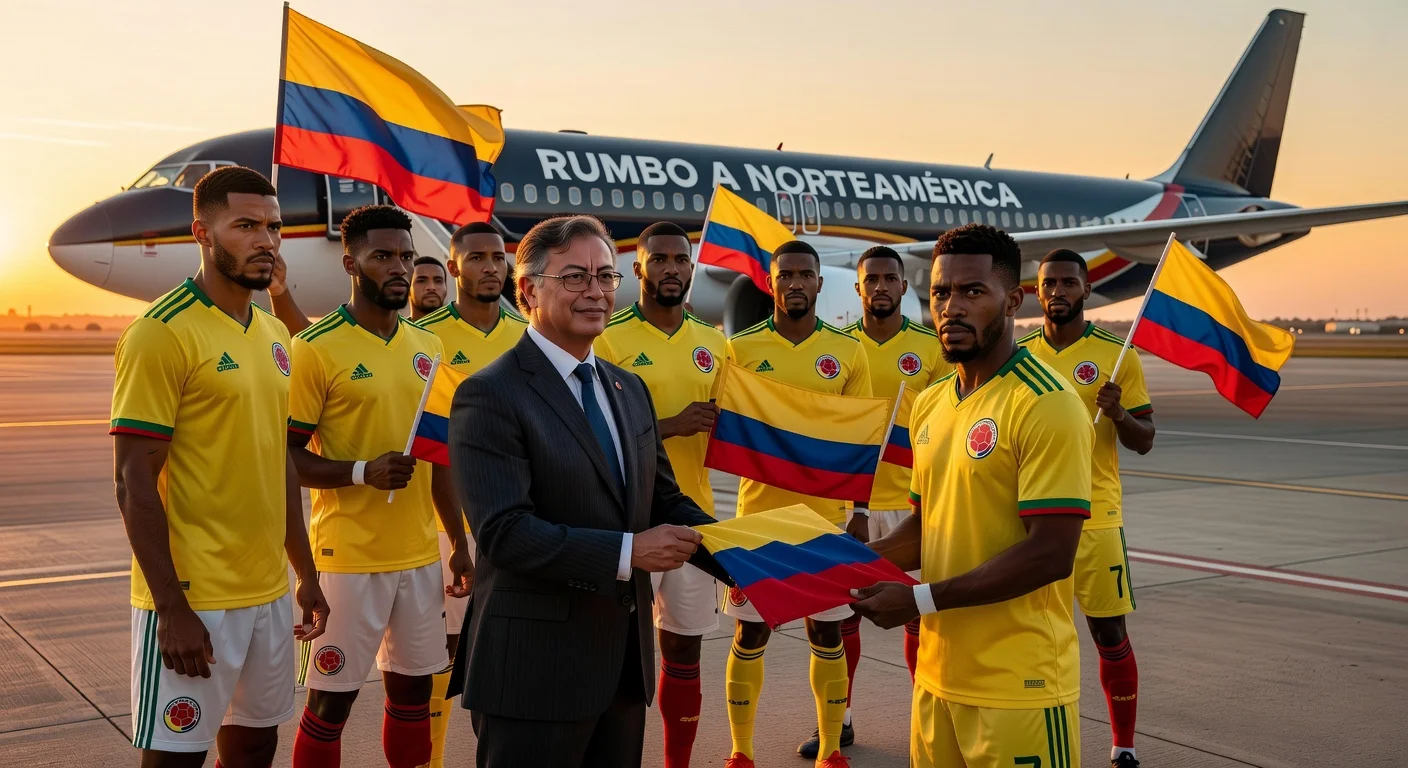 Colombian football team at farewell ceremony with President Petro presenting the national flag before departing for the 2026 World Cup.