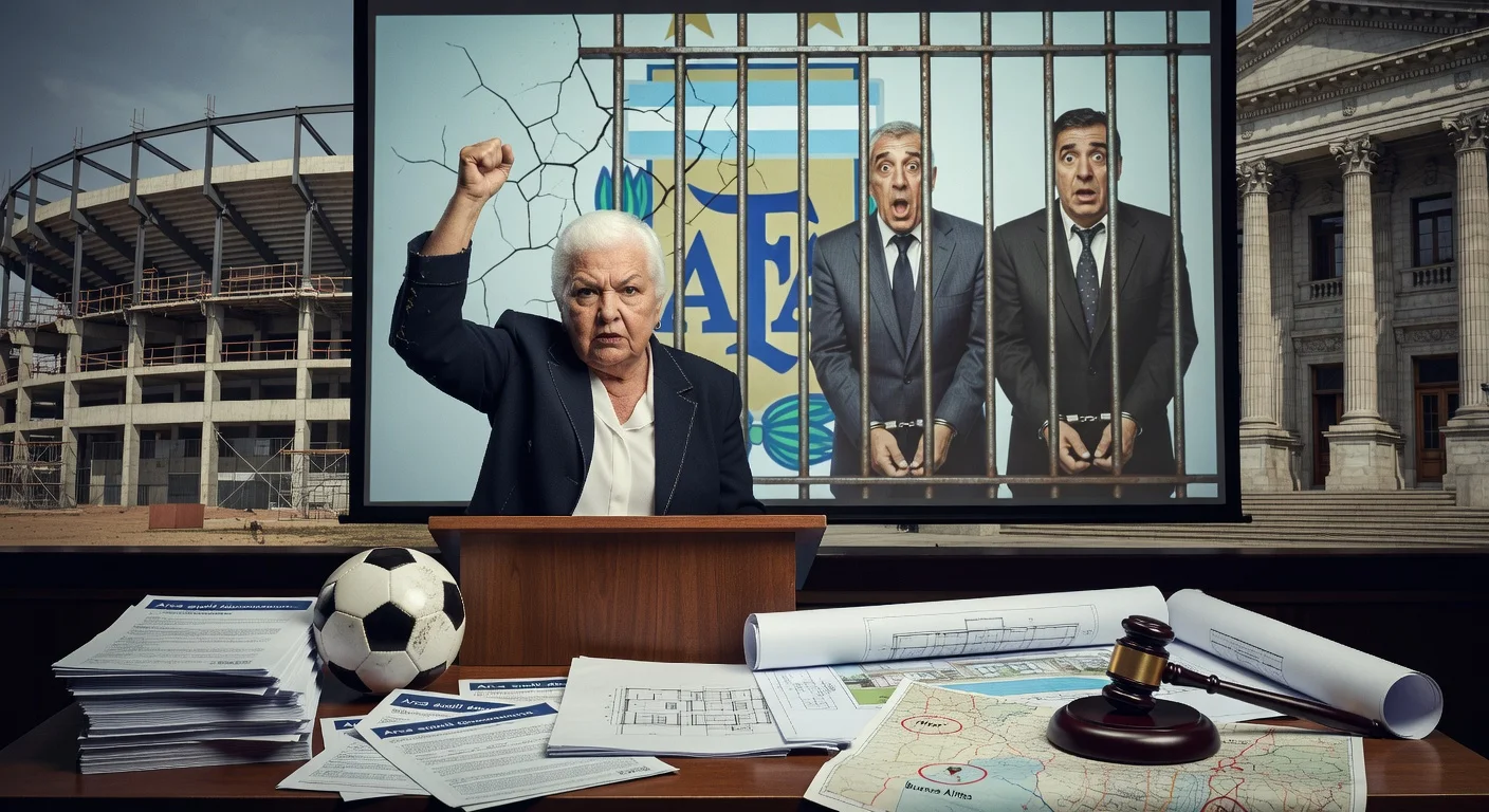 Illustration of Lilita Carrió predicting prison for AFA leaders Chiqui Tapia and Pablo Toviggino amid audit scandal, with symbolic prison imagery and legal elements.