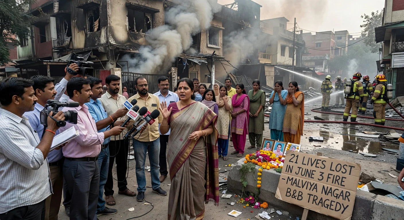 Illustration of Delhi CM Rekha Gupta announcing compensation after the deadly hotel fire in Malviya Nagar.