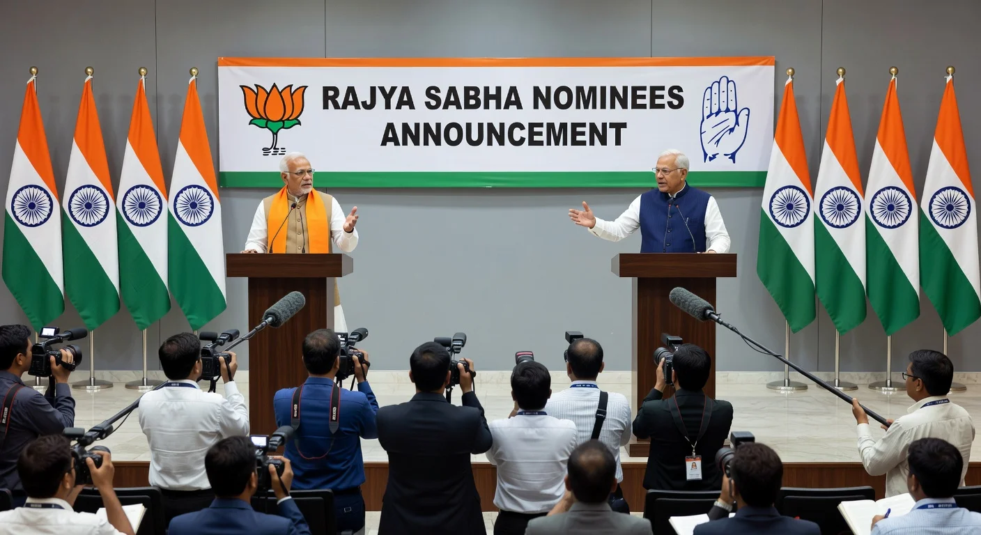 Political leaders from BJP and Congress announcing Rajya Sabha candidates at a press conference.