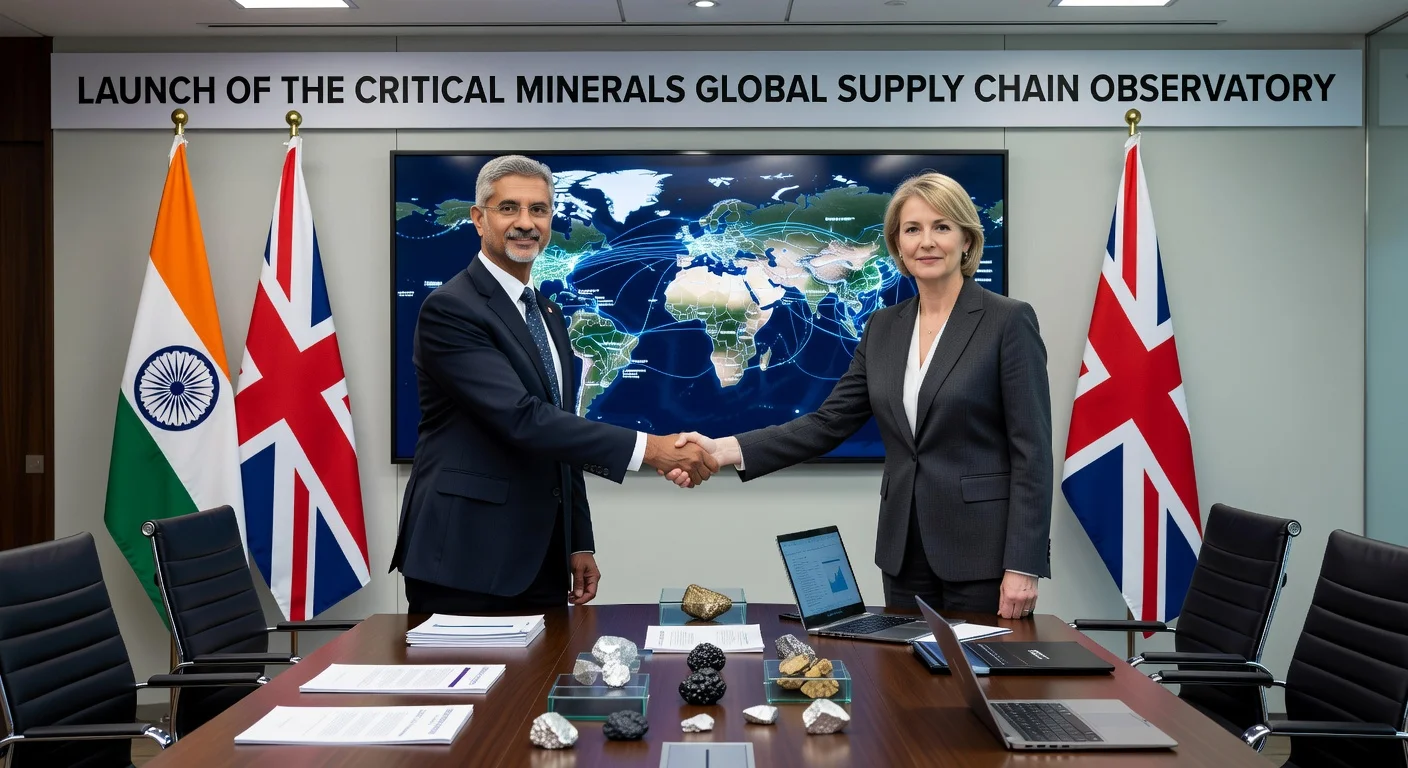 Ministers from India and the UK launching the Critical Minerals Observatory during a diplomatic meeting.
