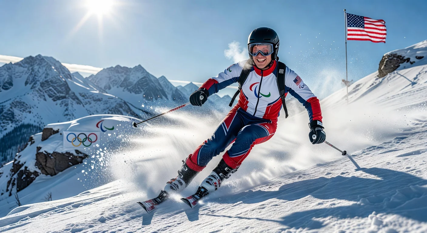 Blake Eaton, Denfeld alum and US Paralympic alpine skier with spina bifida, mono-skiing down snowy slope in team gear.