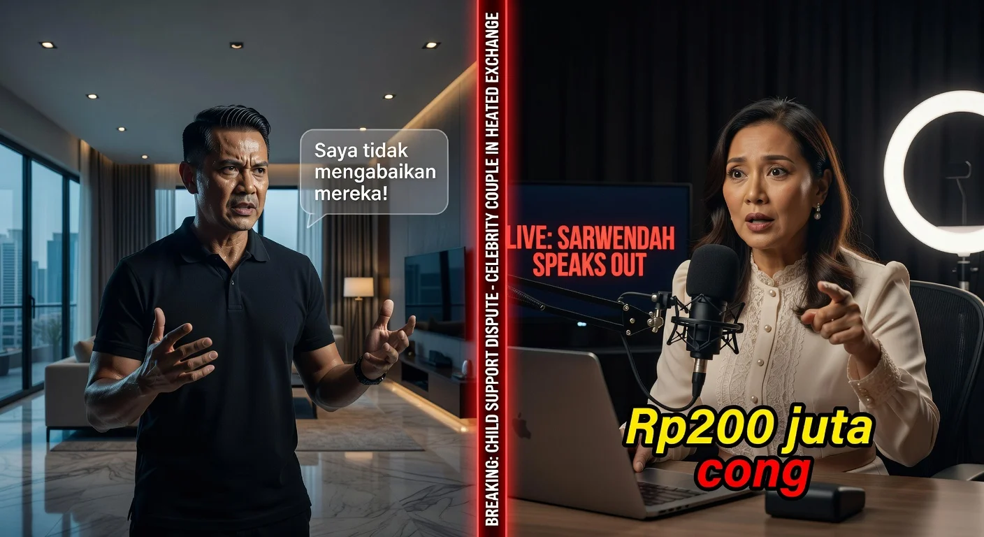 Illustration of Ruben Onsu and Sarwendah in a heated dispute over child support for a news article.