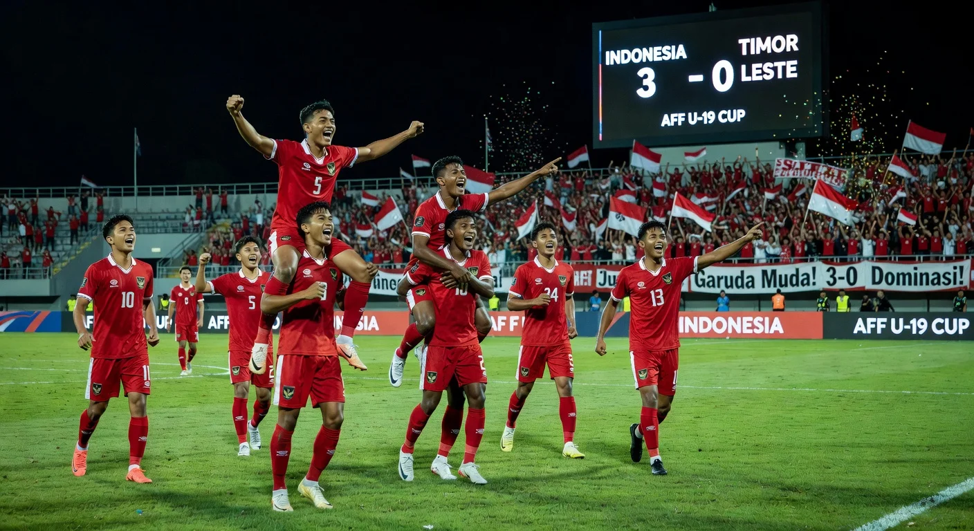 Indonesian U-19 soccer players celebrating their 3-0 victory over Timor Leste in the AFF U-19 Cup.