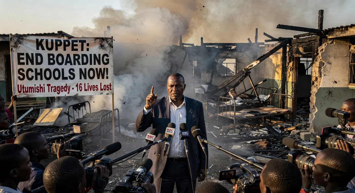Illustration of education leader advocating against boarding schools following school fire tragedy in Kenya
