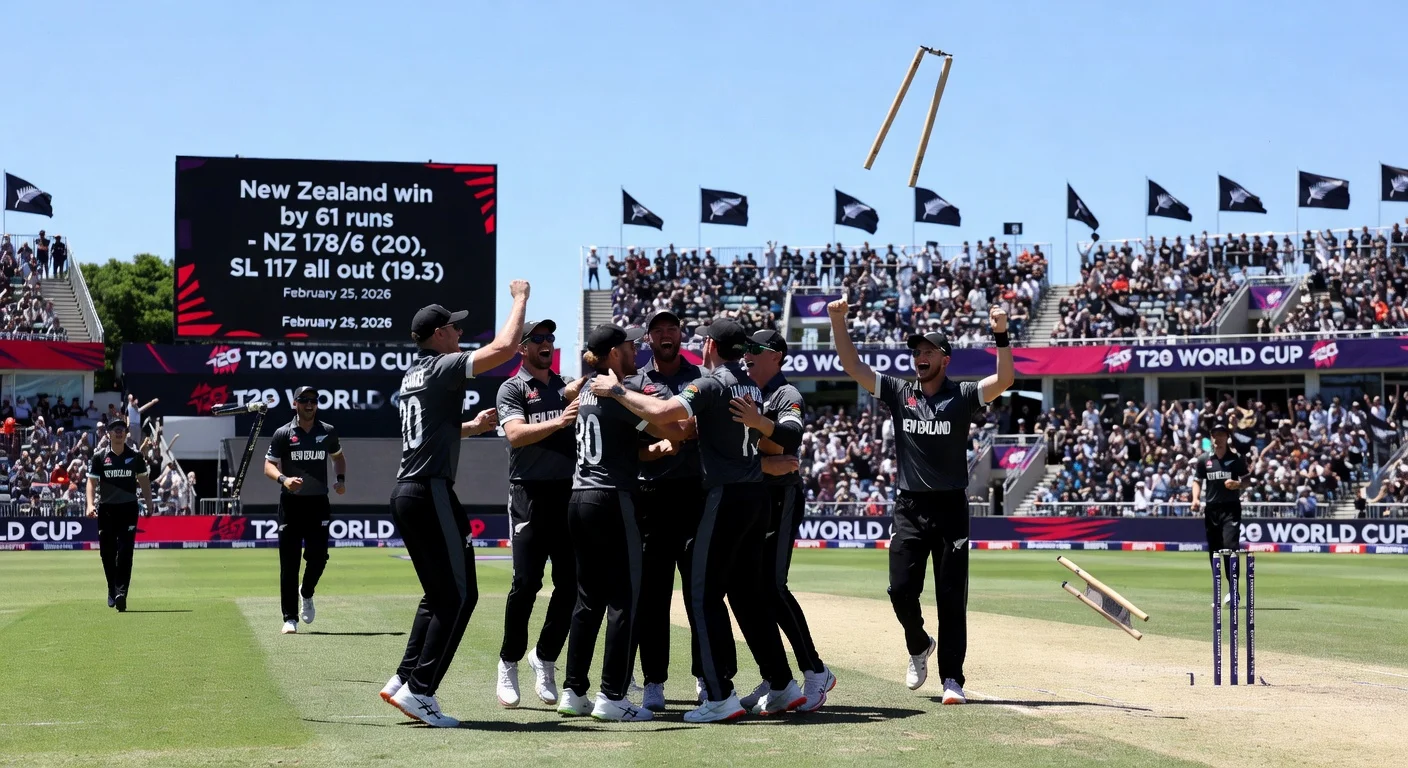 New Zealand cricket players celebrate 61-run T20 World Cup win over Sri Lanka, scoreboard confirming victory in Group 2 match.