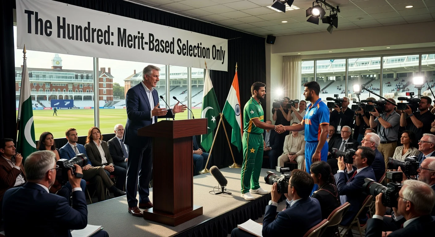 ECB officials and Pakistani-Indian cricketers at press conference affirming merit-based picks in The Hundred auction amid bias controversy.