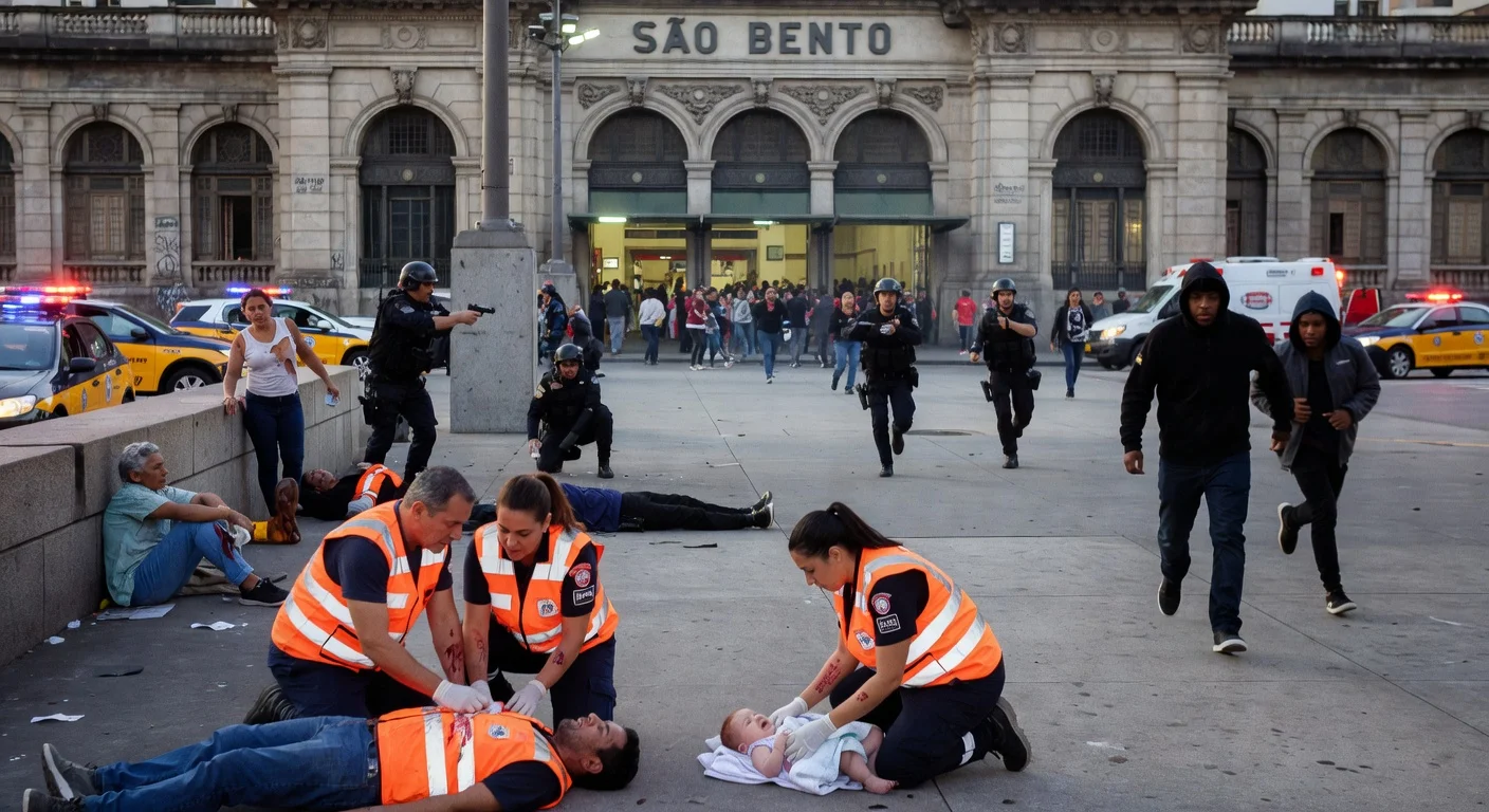 Emergency response at São Bento station following a shooting that injured five people, including an infant.