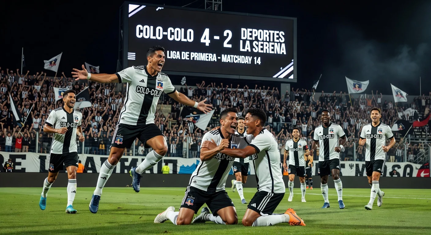 Colo Colo players celebrating their 4-2 win against La Serena at Estadio La Portada
