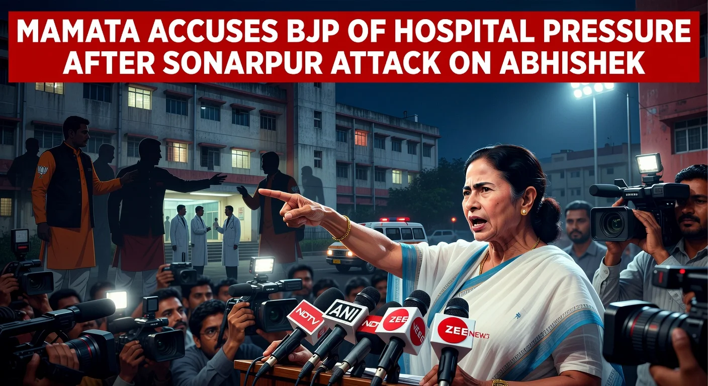 Illustration of Mamata Banerjee accusing BJP of hospital pressure in Abhishek Banerjee attack case.