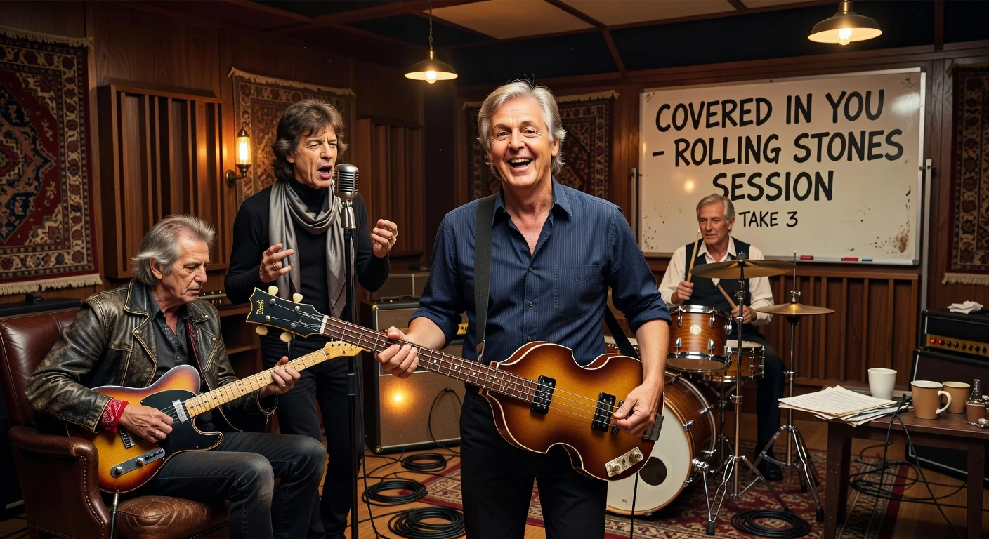 Paul McCartney playing bass with the Rolling Stones in a recording studio.