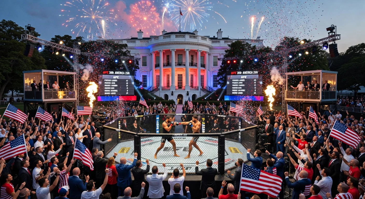 UFC octagon on White House South Lawn during epic anniversary fight night event.