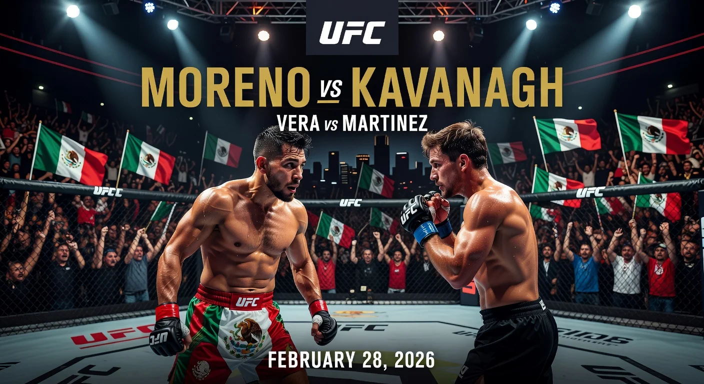 UFC Mexico City poster illustration: Brandon Moreno faces short-notice challenger Lone’er Kavanagh in intense octagon staredown amid cheering crowd with Mexican flags.