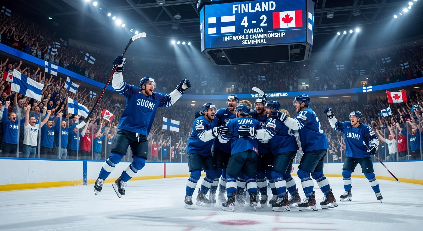 Finnish hockey team celebrates 4-2 semifinal victory over Canada at the Zurich arena.