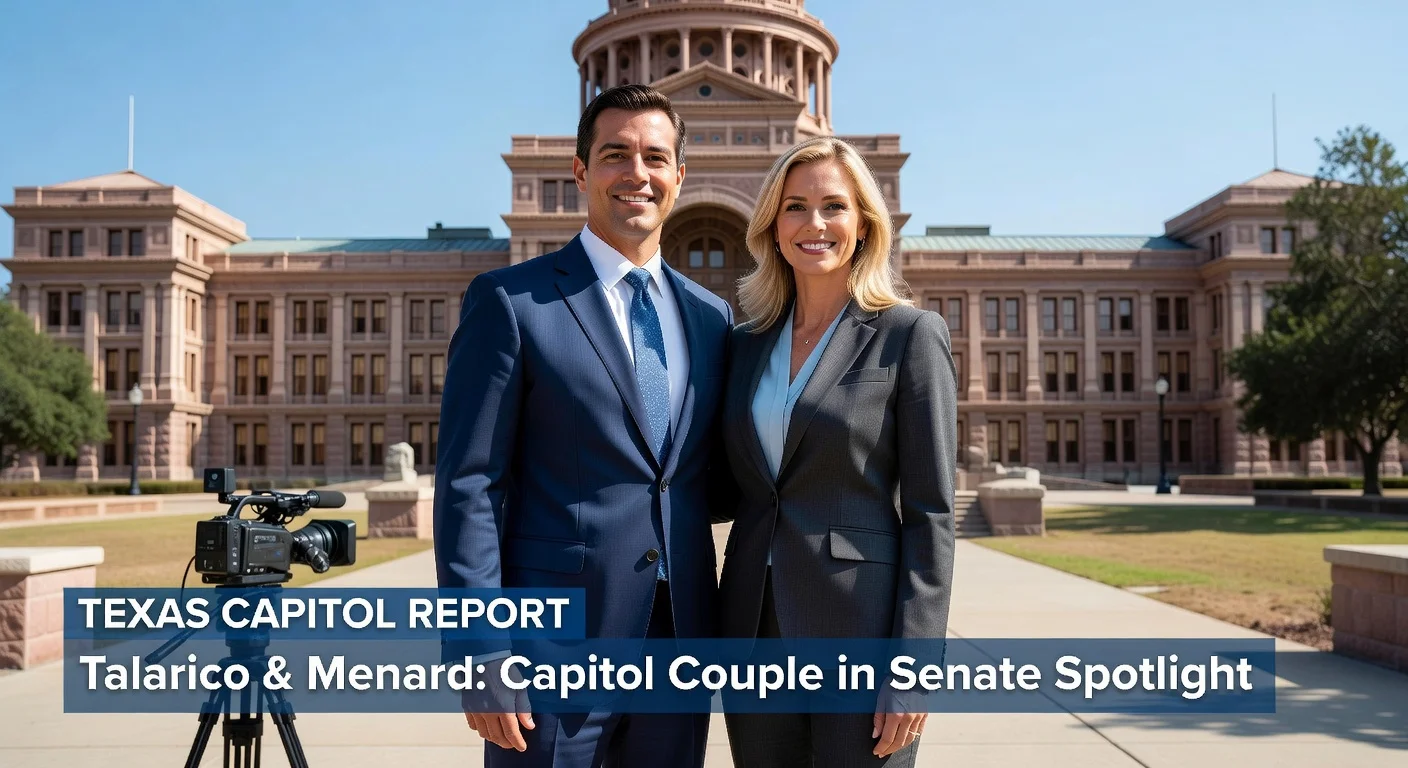 James Talarico and Brianna Menard posing professionally in front of the Texas Capitol.