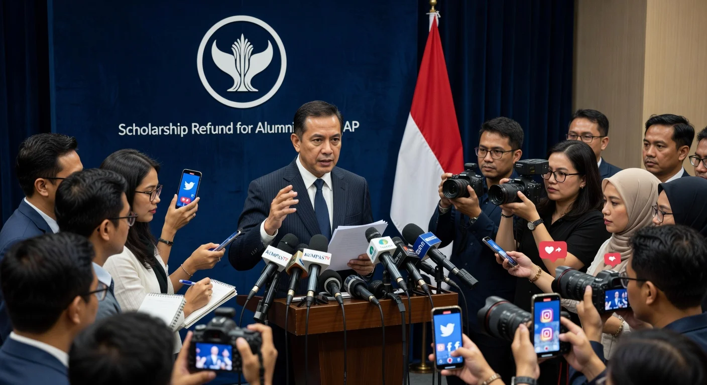 LPDP CEO Sudarto addresses press on scholarship refund for alumni AP amid viral social media controversy.