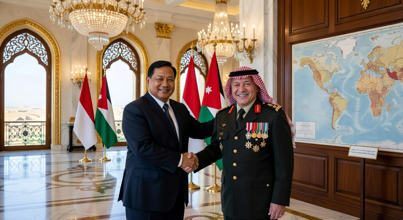 Indonesian President Prabowo Subianto and Jordan's King Abdullah II share a warm handshake in Amman, discussing Palestine's two-state solution.