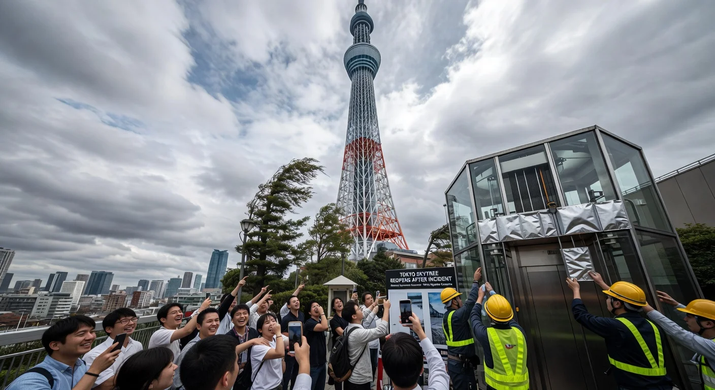 Tokyo Skytree reopens with visitors entering after elevator trap incident; workers install wind-protective covers.