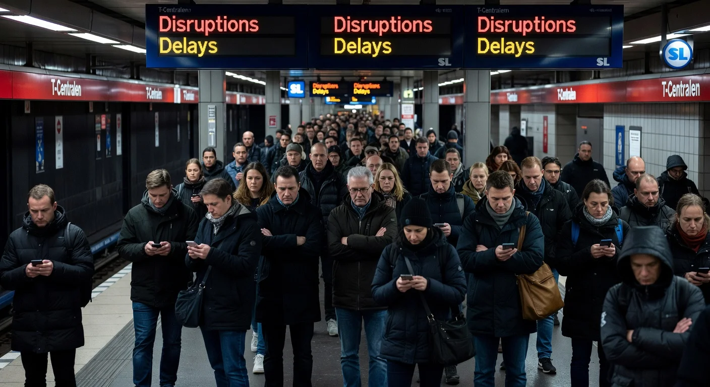 Crowded Stockholm subway platform with commuters facing delays on Monday morning
