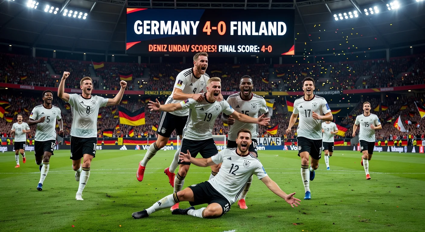 German football team celebrating 4-0 victory against Finland, with Deniz Undav scoring.
