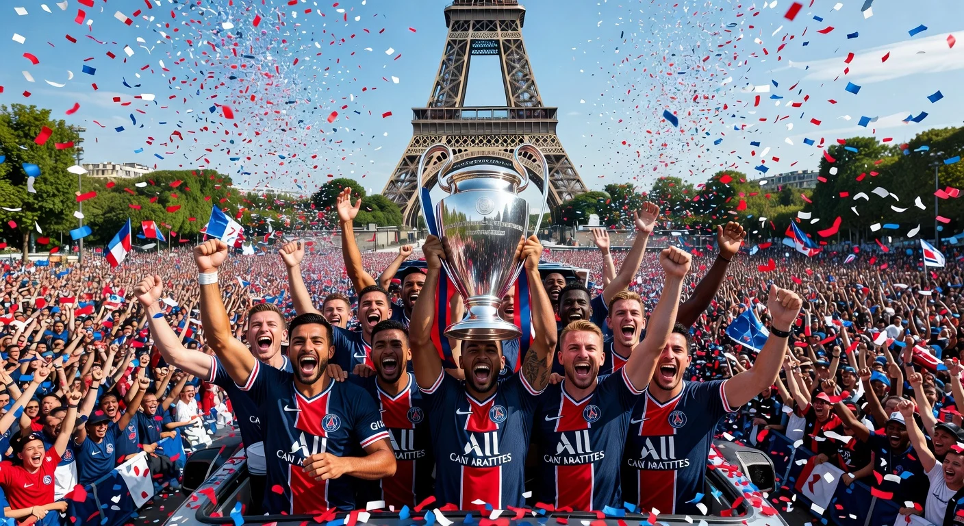PSG players on parade bus at Champ-de-Mars cheered by thousands, Eiffel Tower in background, celebrating Champions League win.