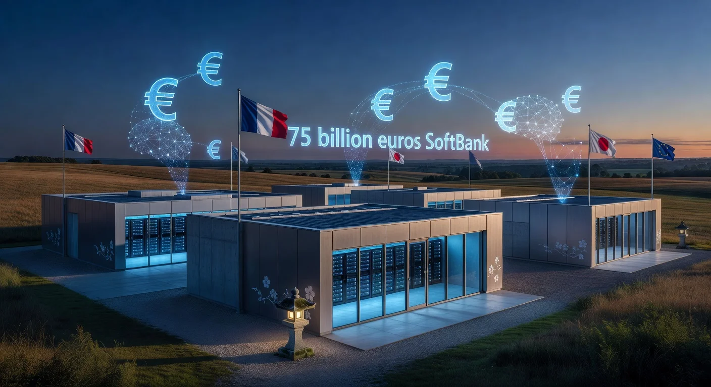 Illustration of SoftBank's 75 billion euro investment in AI data centers in France, showing modern facilities near Versailles.