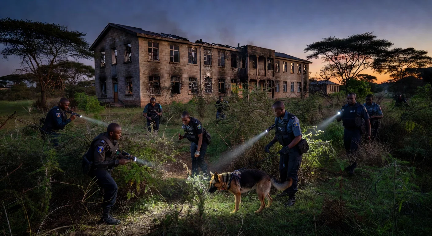 Kenyan police officers searching the grounds of a burned school building for a missing suspect student at dusk.