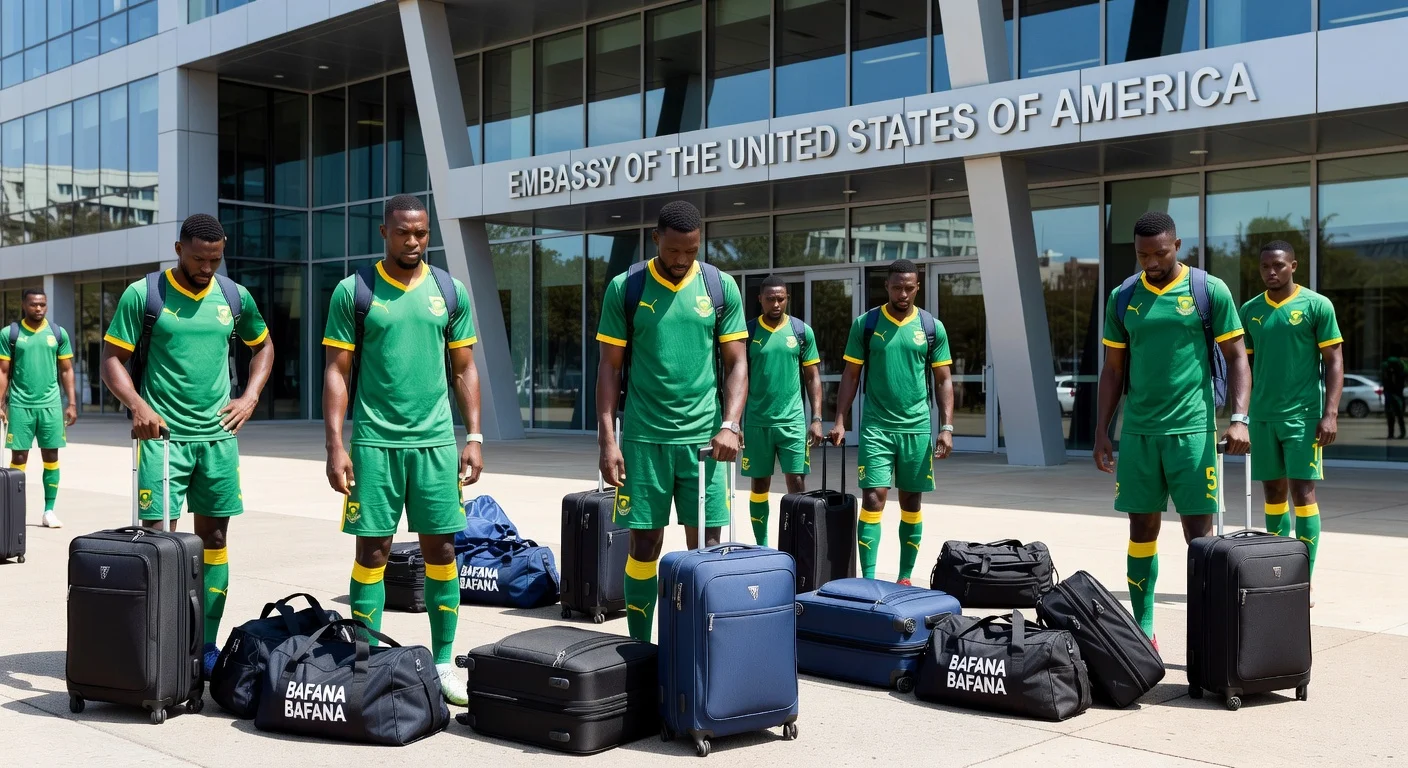 Frustrated Bafana Bafana players delayed outside US Embassy in Johannesburg due to visa issues.