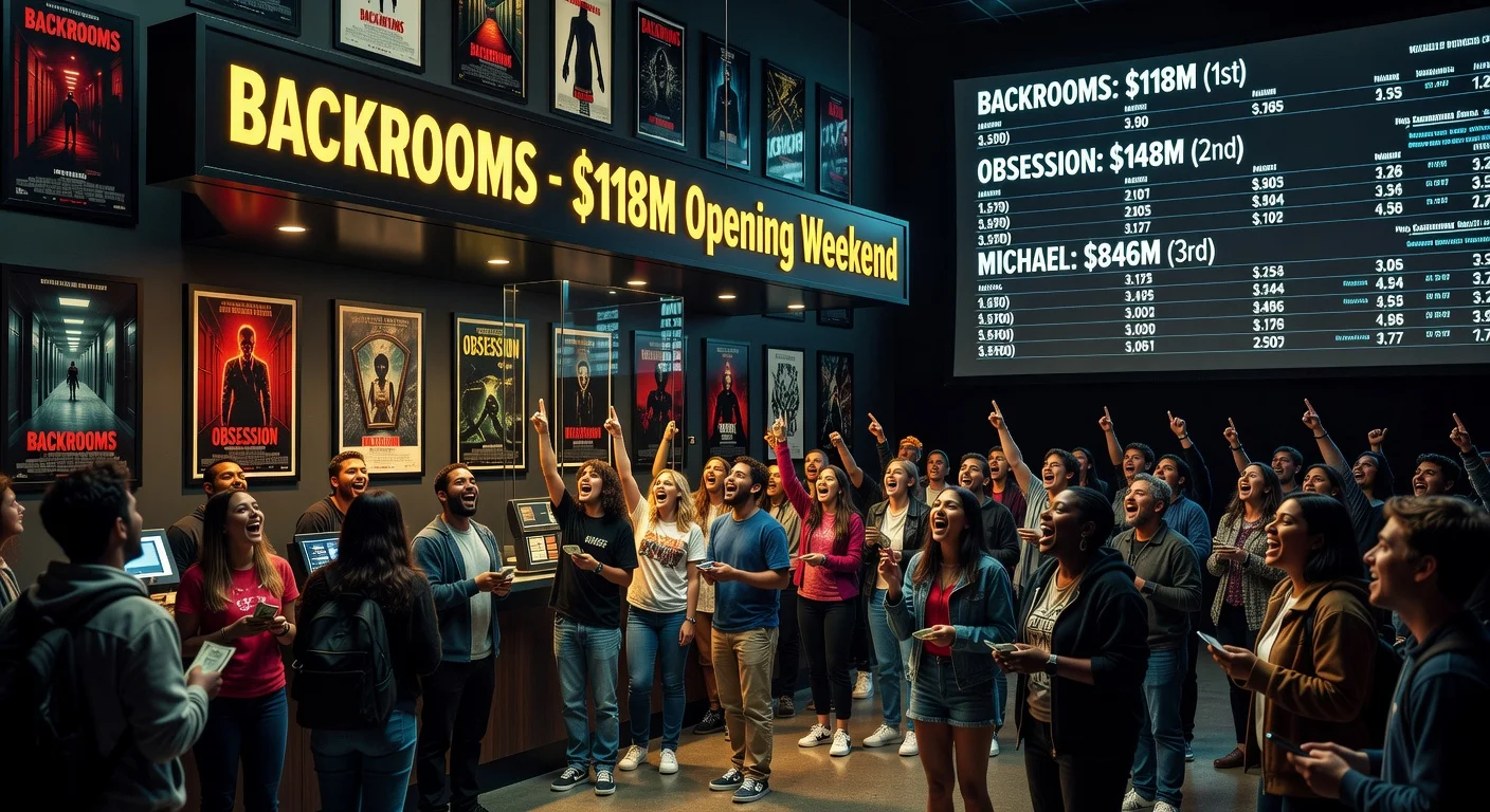 A realistic illustration showing the horror movie Backrooms leading box office earnings in a cinema setting with eerie yellow rooms and financial charts.