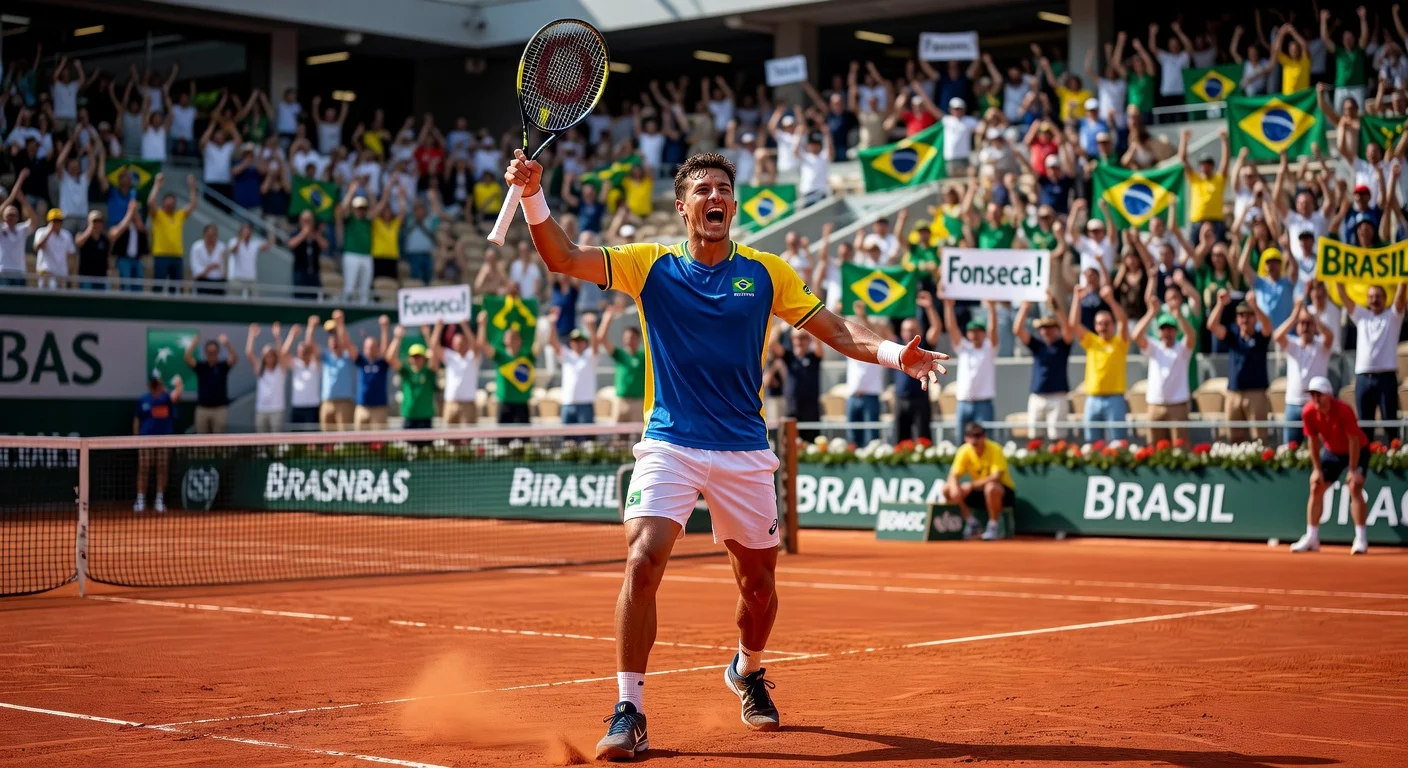 João Fonseca celebrating his advancement to the Roland Garros quarterfinals on the clay court.