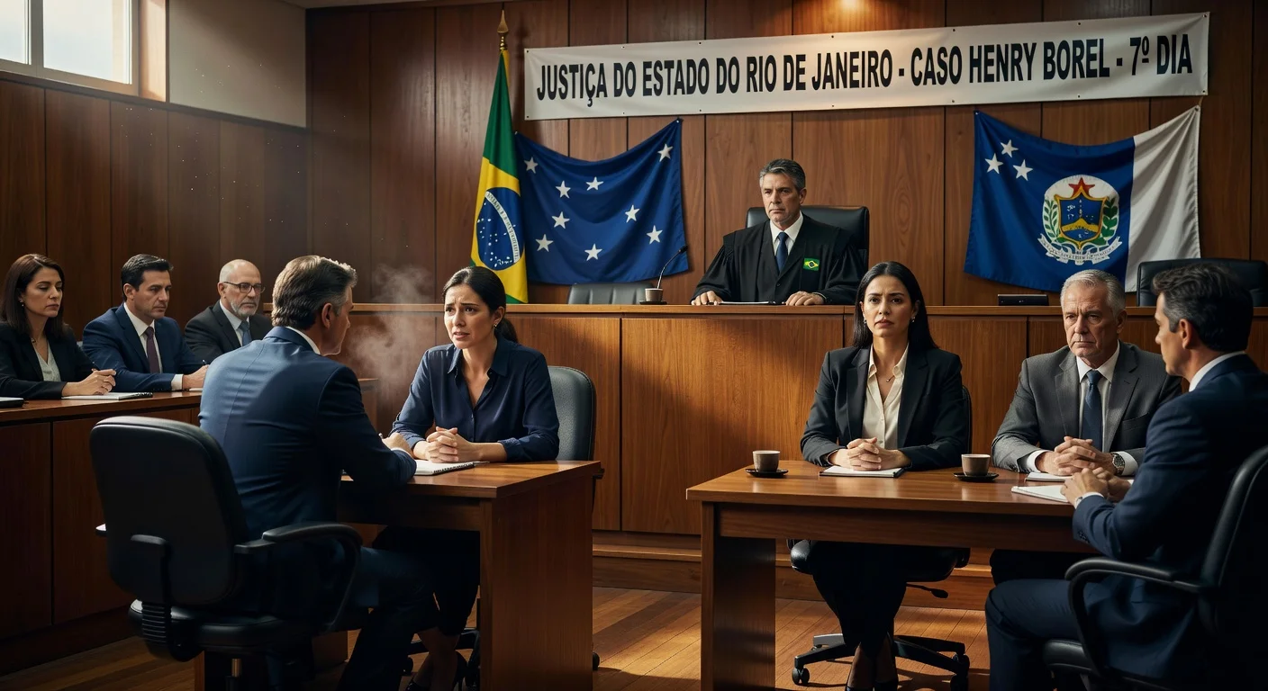 Courtroom scene from the Henry Borel trial in Rio de Janeiro showing babysitter testimony.