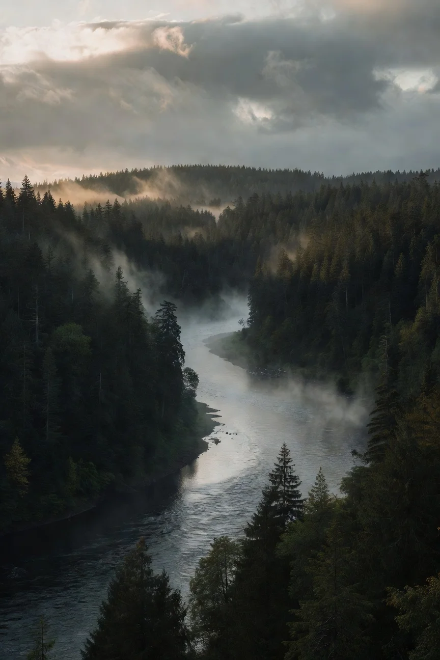 Somber illustration of a misty Washington river in the forest, related to the death of Matt Brown.