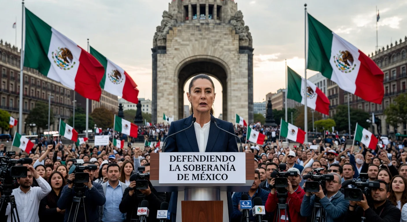 President Claudia Sheinbaum at the Monument to the Revolution delivering a speech on Mexico's sovereignty.