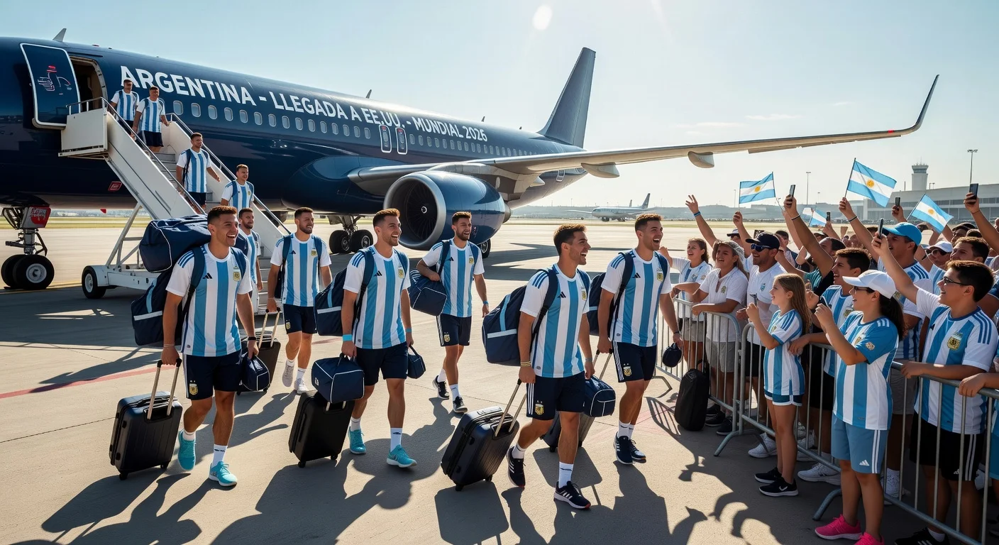 Argentina national team players arriving at a US airport for World Cup preparations.