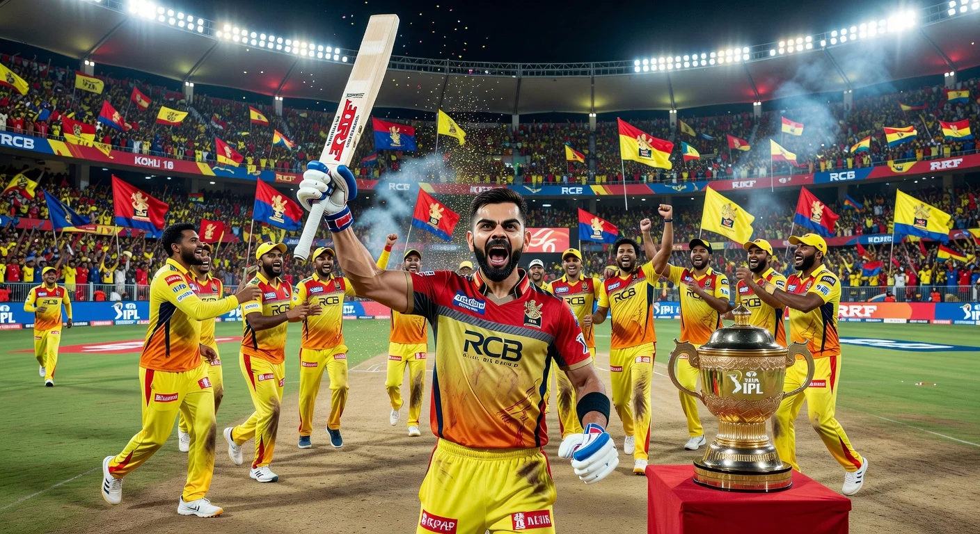 Virat Kohli celebrating RCB's IPL 2026 victory in Ahmedabad stadium